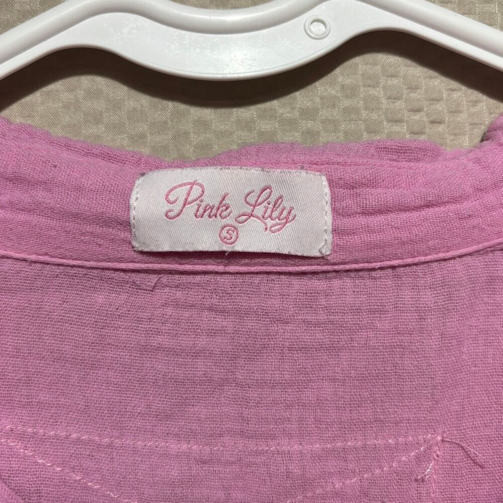 Pink Lily Lavender Gauze Button Down Shirt Raw Hem Oversized Boho Casual Small - Picture 4 of 9
